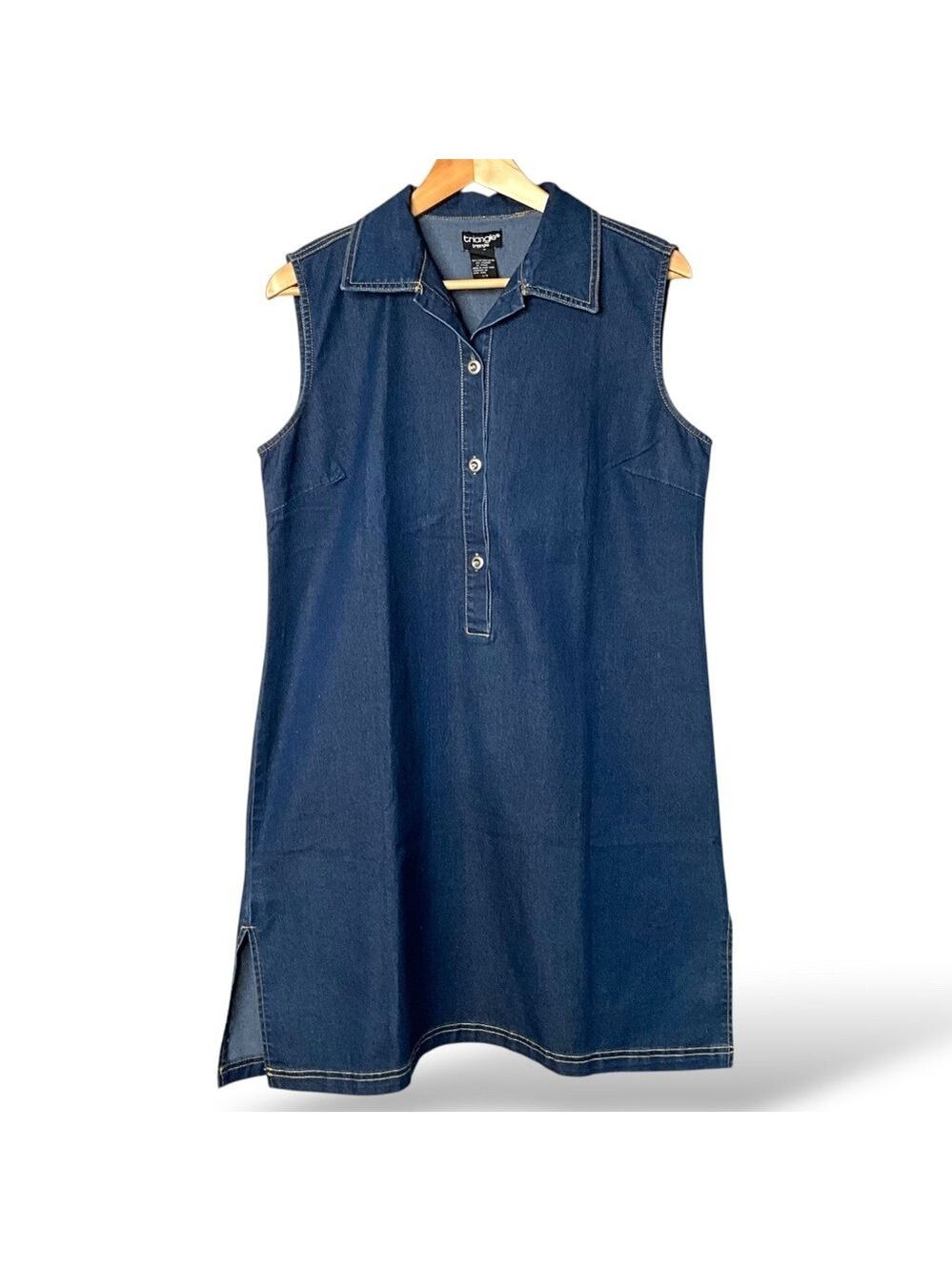 TRIANGLE TRENDS Cotton Sleeveless Denim Shirt Dress / Tunic MADE IN HONG KONG L - Picture 2 of 9